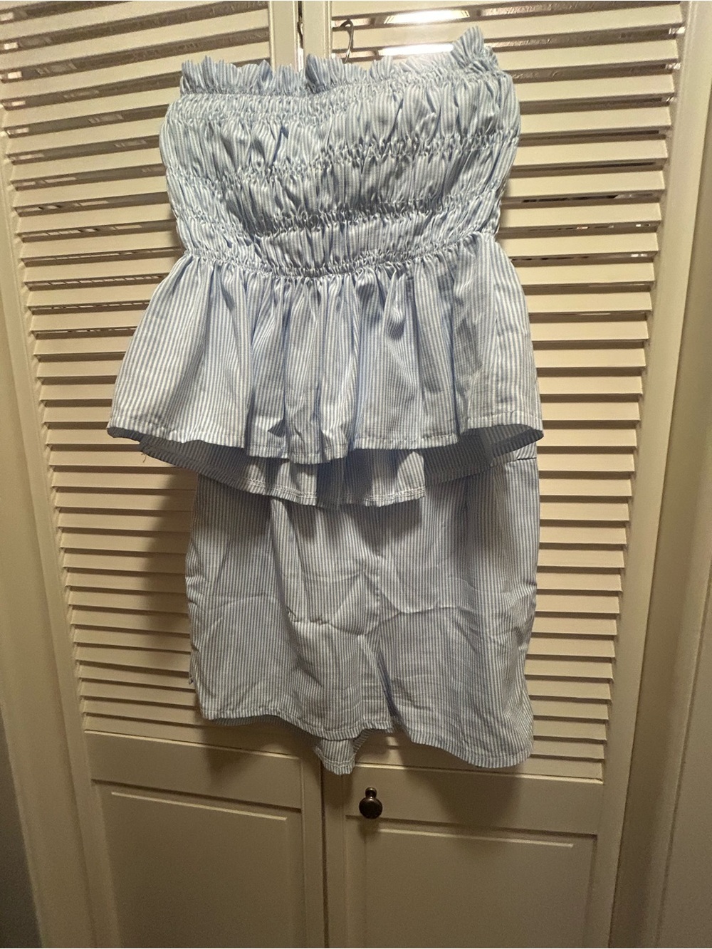 Smocked Strapless Blue-White Pinstripe Women’s Top and Shorts
